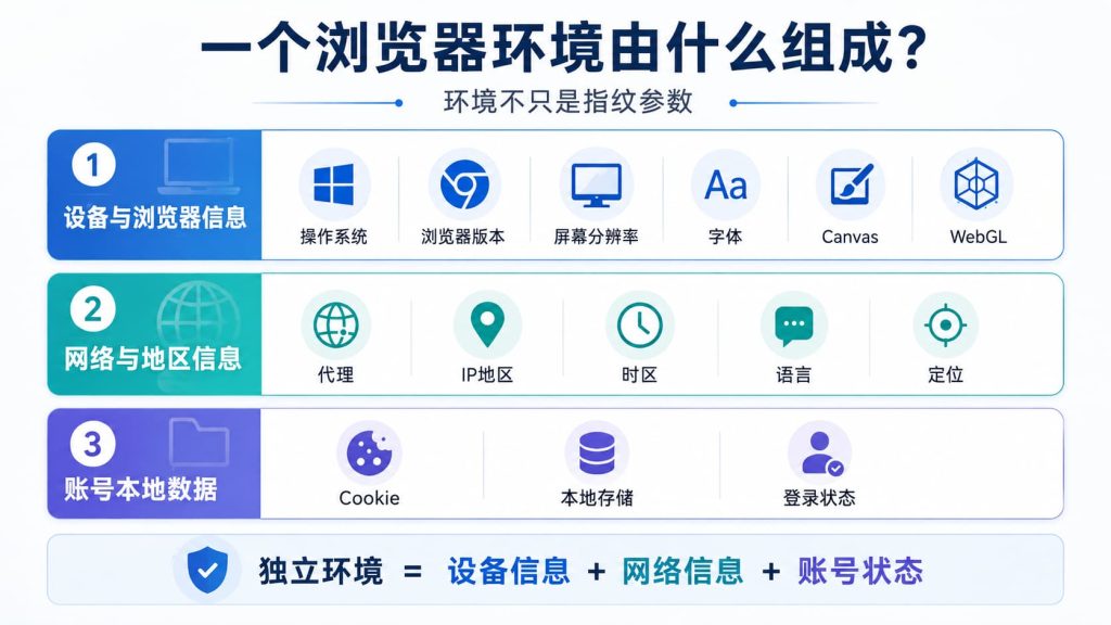 指纹浏览器环境包含设备信息、网络地区信息以及 Cookie 和登录状态等账号数据