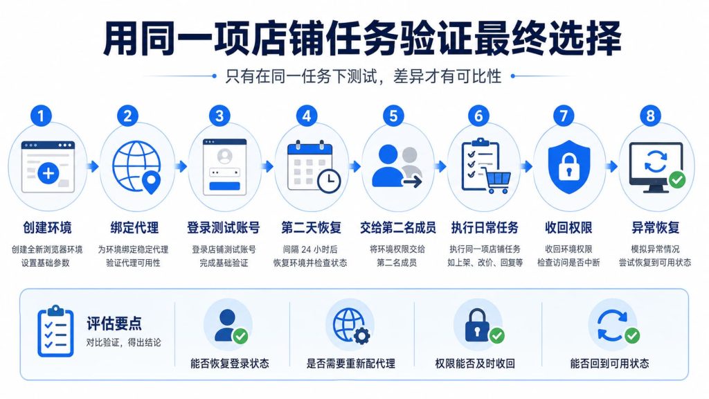 通过创建环境、绑定代理、恢复登录状态、成员交接和异常恢复验证指纹浏览器是否适合