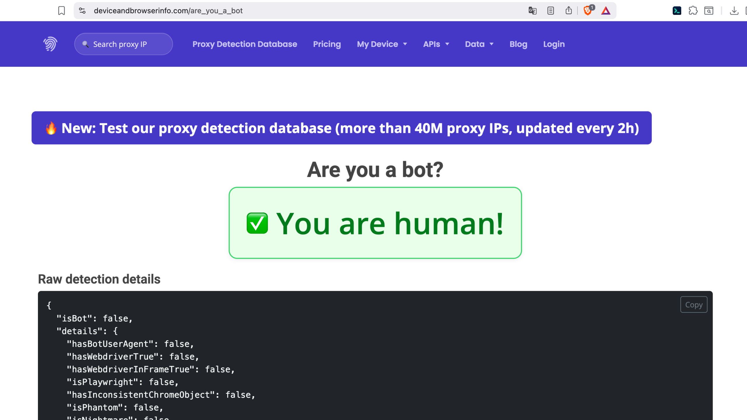 Device & Browser Info 将浏览器指纹、HTTP Headers、自动化特征和行为检测结合在一起。
