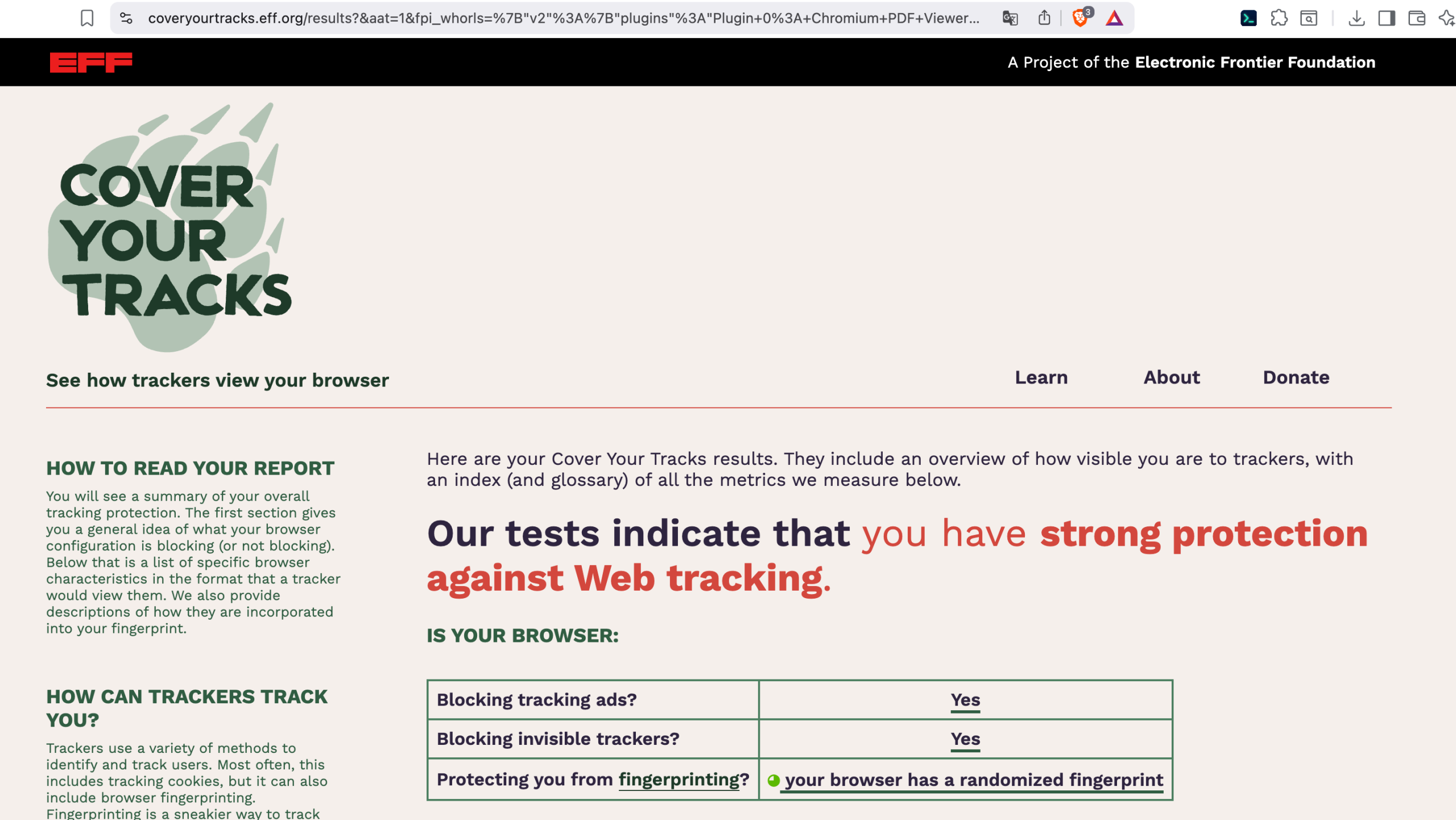 EFF Cover Your Tracks 用于测试浏览器面对 Tracker 和 Fingerprinting 时的隐私保护能力。