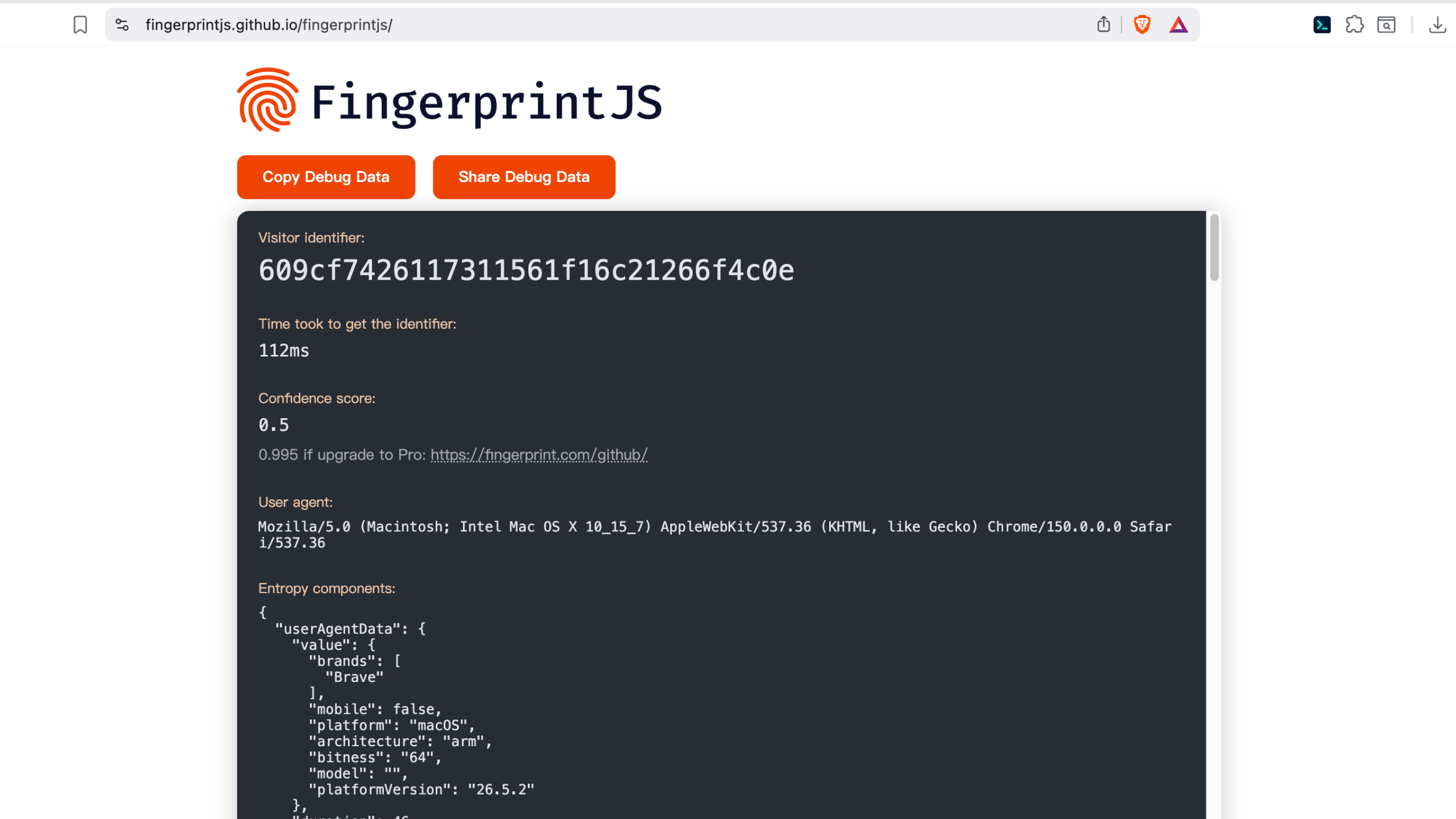 FingerprintJS OSS Demo 演示开源浏览器指纹算法如何根据客户端信号生成 Visitor ID。