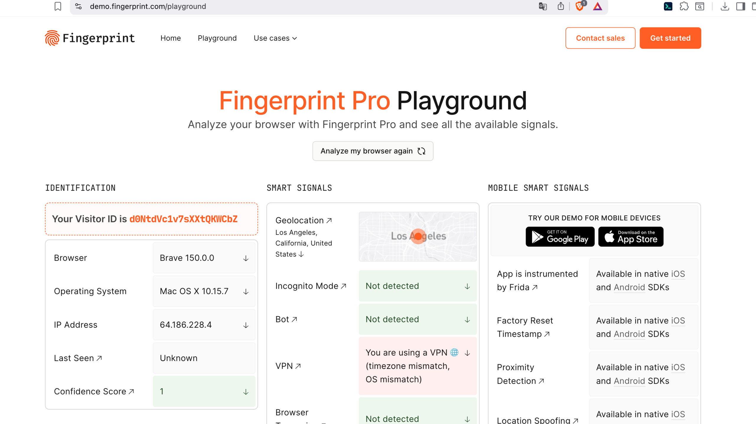 Fingerprint Pro Playground 展示商业 Device Intelligence、Visitor ID 和 Smart Signals 等设备识别能力。