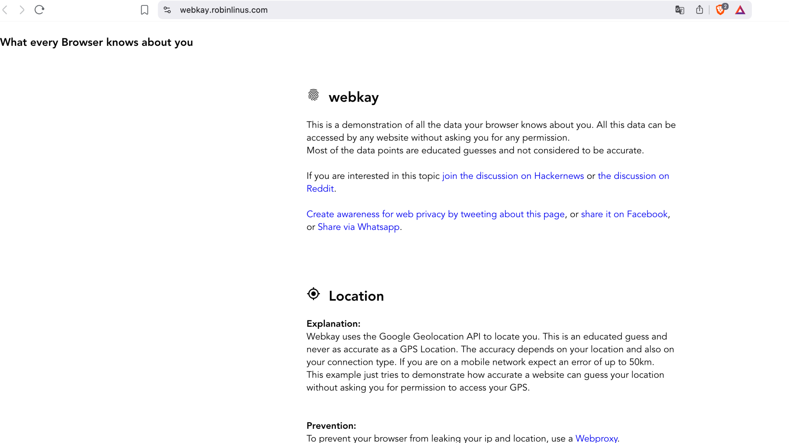 Webkay 直观展示网页能够获得的浏览器、硬件、WebRTC 以及 Autofill、登录状态等隐私信息。