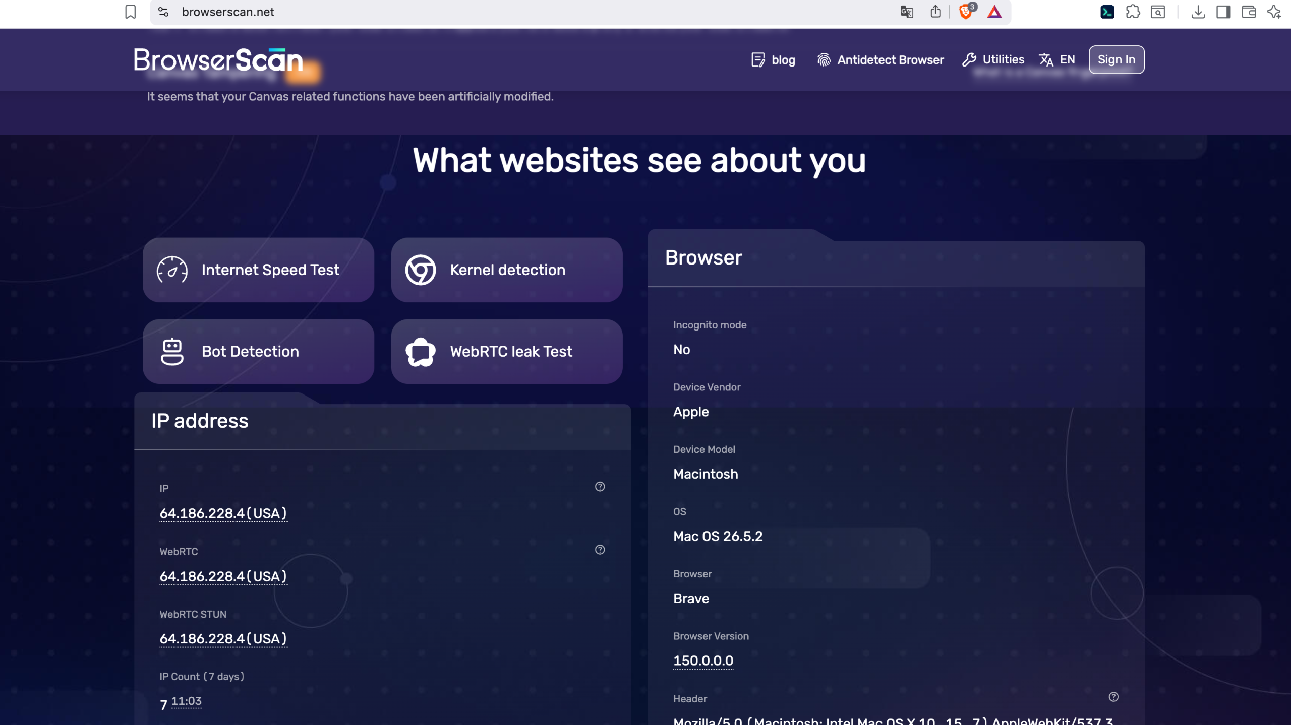 BrowserScan 官网首页,展示浏览器指纹和网络环境检测功能