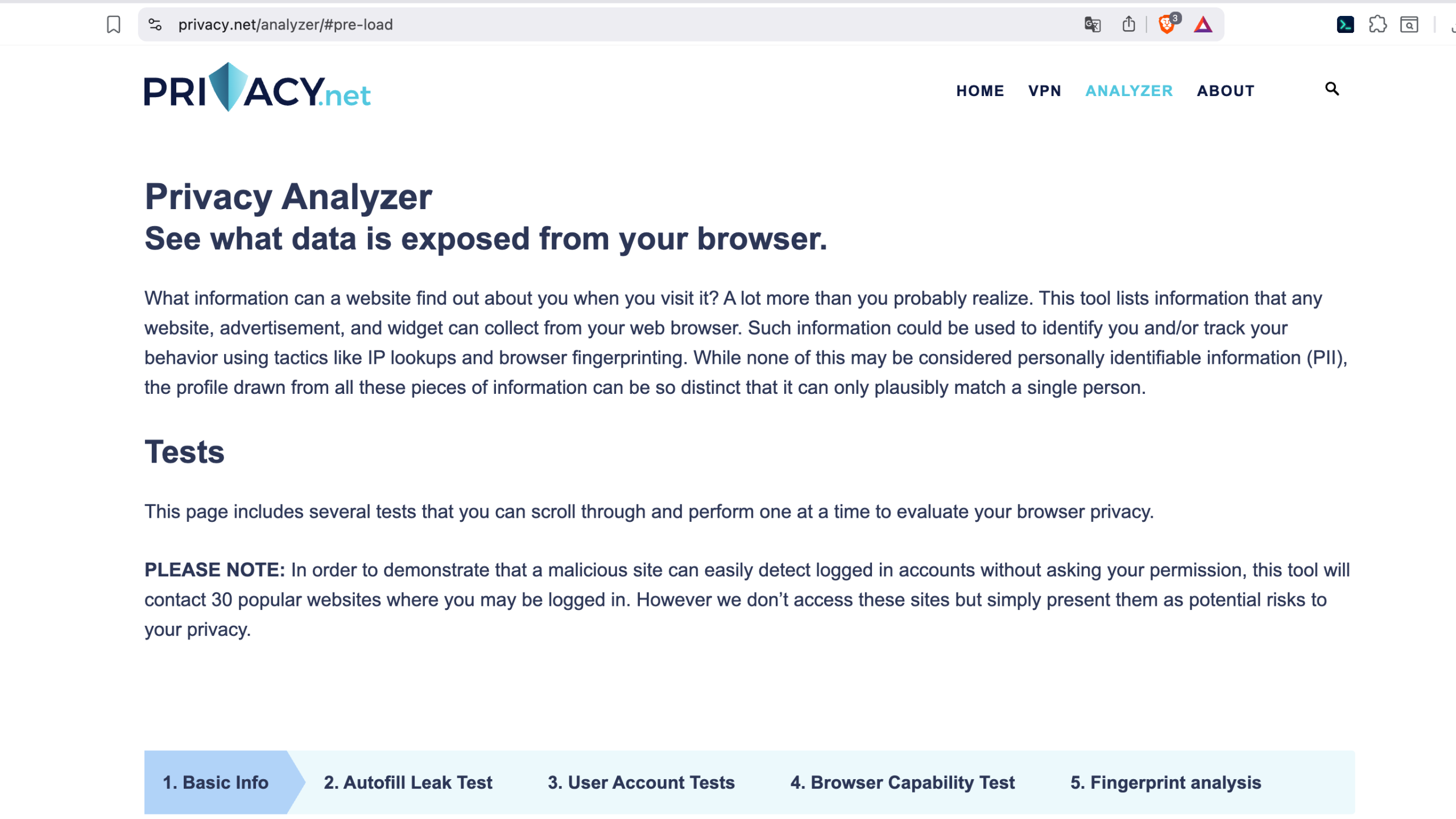 Privacy.net Analyzer 除浏览器指纹外,还提供 Autofill Leak 和 User Account Tests 等身份信息暴露测试。