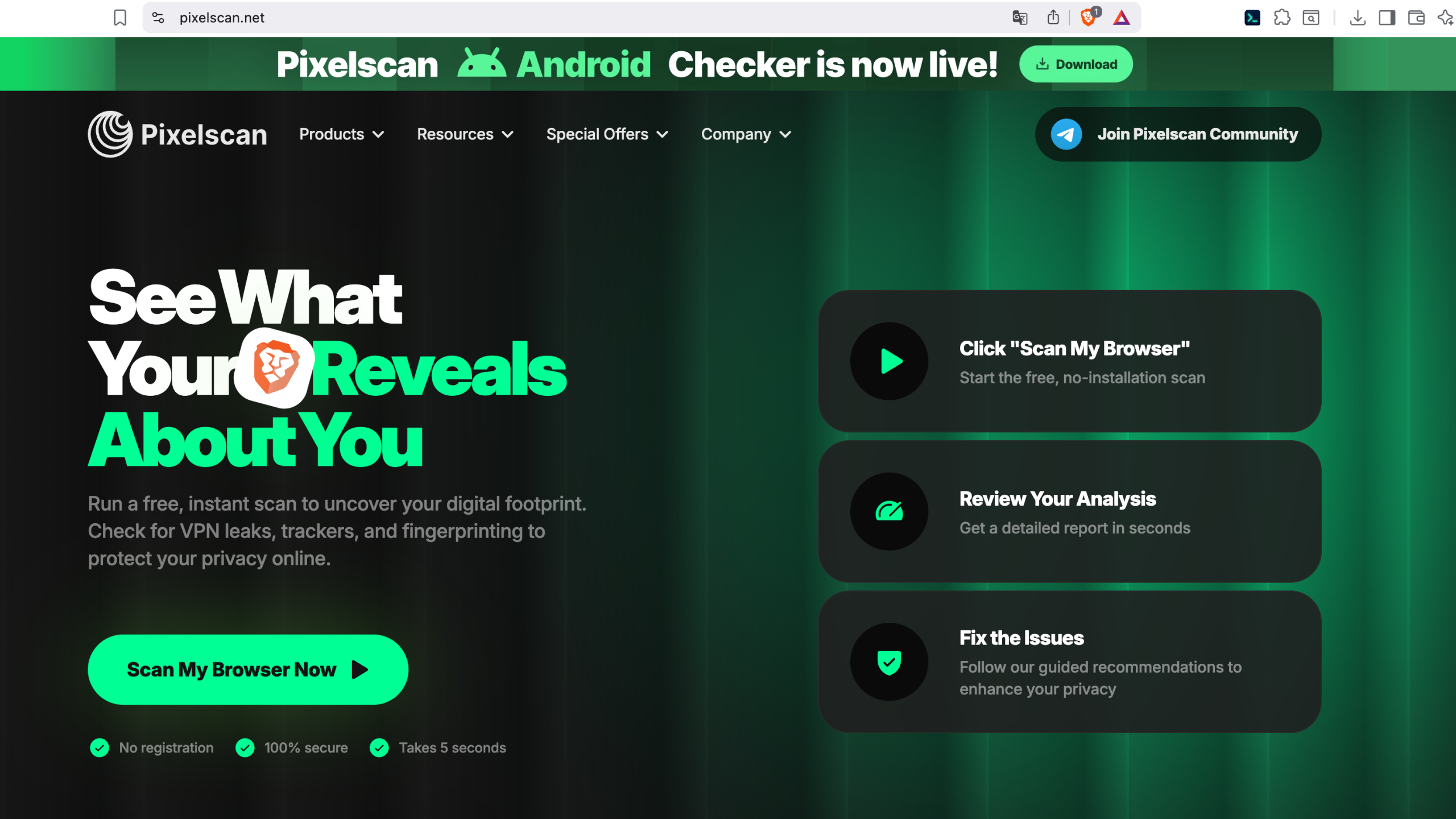 Pixelscan 官网首页,将浏览器指纹、IP、Proxy、VPN、DNS、WebRTC 和 Bot 检测集中在同一平台。