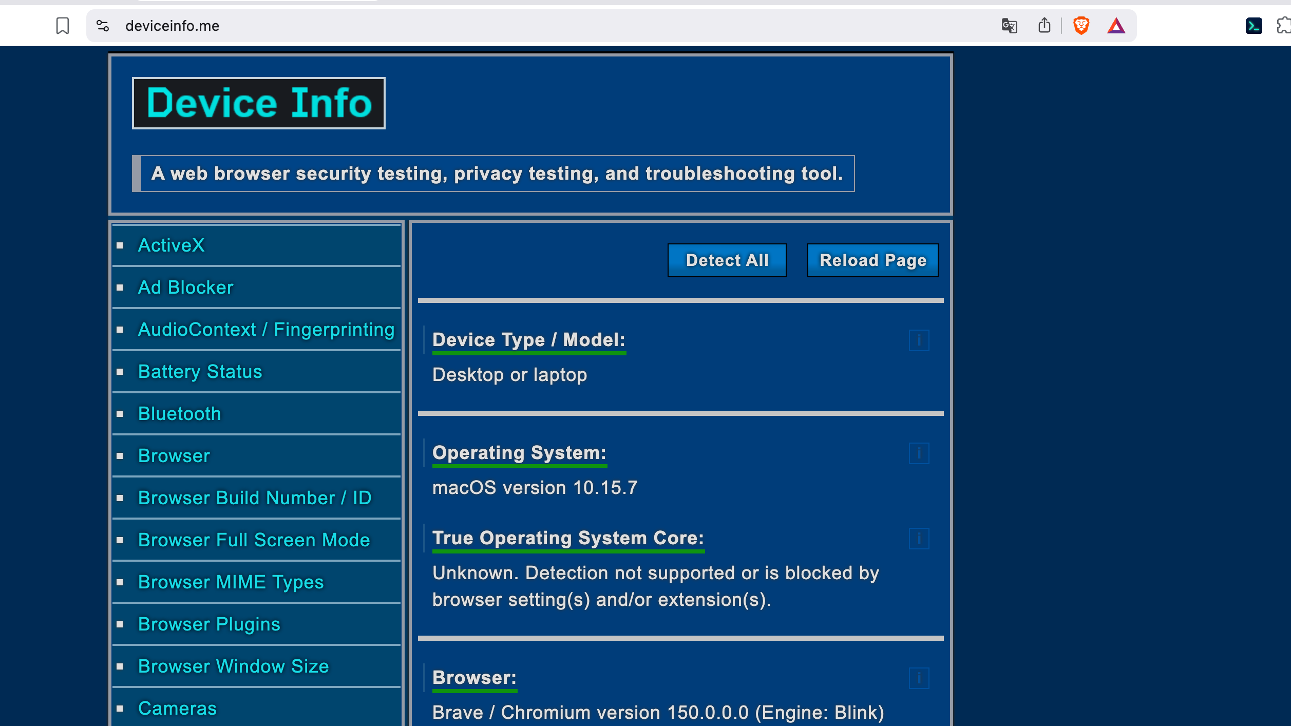 DeviceInfo.me 提供详细的浏览器、操作系统、硬件、网络及 Fingerprinting Resistance 信息。