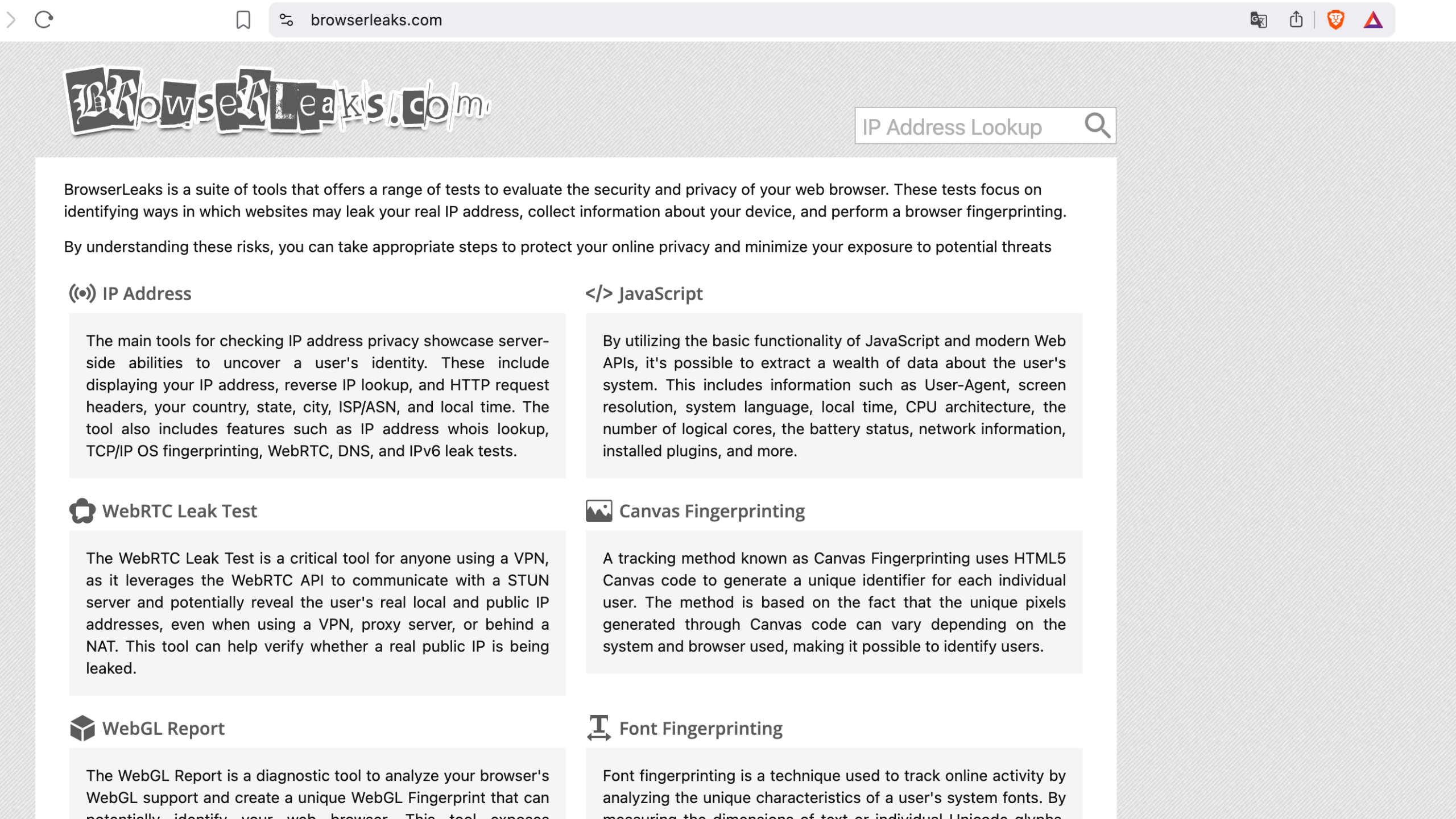 BrowserLeaks 提供 Canvas、WebGL、WebGPU、WebRTC、TLS、HTTP/2、JA3/JA4 等多种独立检测工具。
