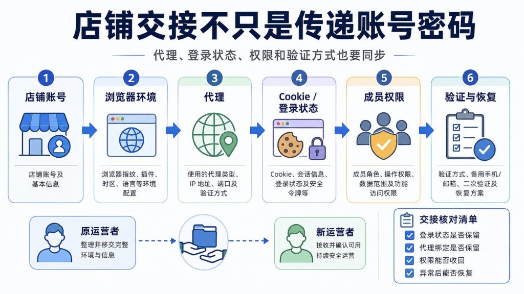跨境店铺交接时需要同步浏览器环境、代理、Cookie、登录状态、成员权限和验证方式