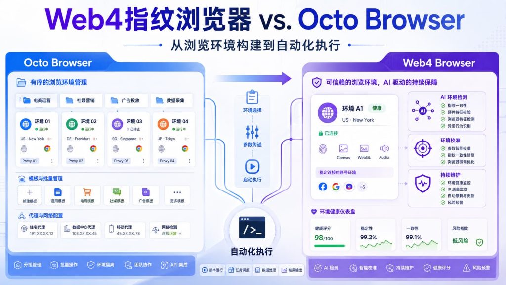 Web4指纹浏览器 vs. Octo Browser 浏览环境构建与自动化执行对比
