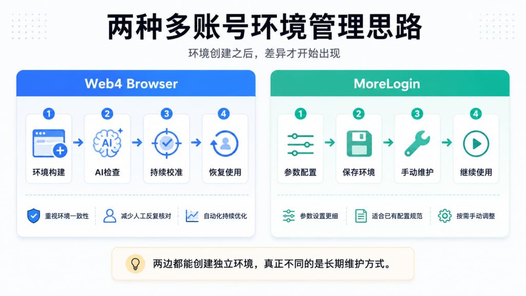 Web4 Browser 与 MoreLogin 从环境创建到长期维护的管理方式对比