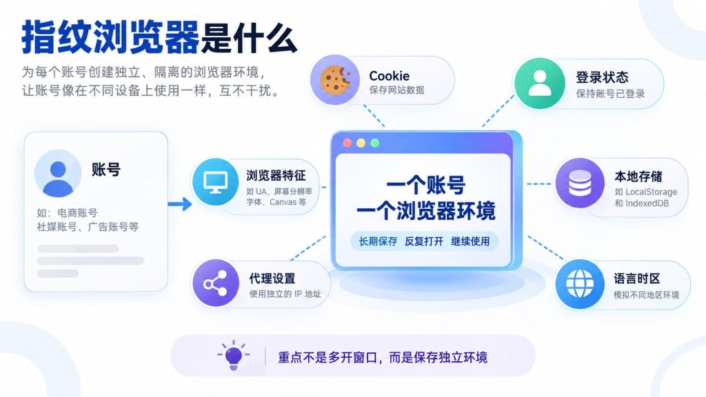一个账号对应独立浏览器环境,并保存 Cookie、登录状态、本地存储、语言时区、浏览器特征和代理设置