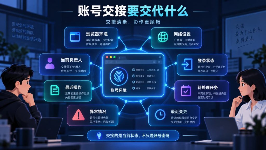指纹浏览器账号交接信息图,包含环境、网络、登录状态、负责人和最近操作