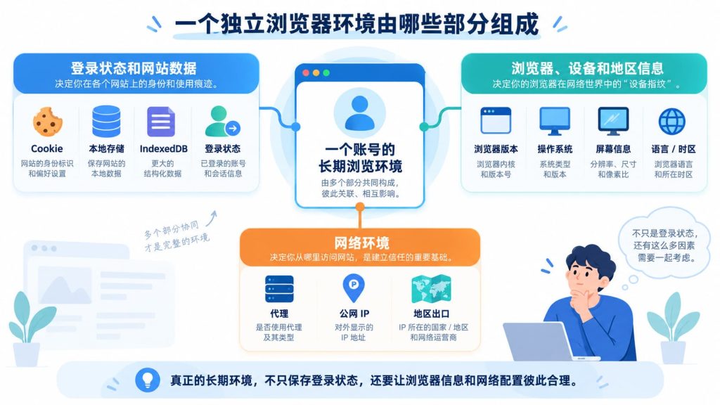一个账号长期浏览环境由登录状态和网站数据、浏览器设备与地区信息以及网络环境共同组成,并需要保持彼此合理一致