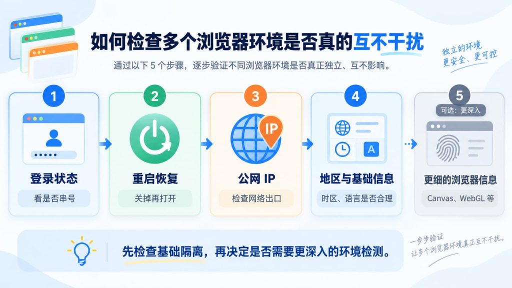 浏览器多开环境按照登录状态、重启恢复、公网 IP、地区信息和更细浏览器参数的顺序逐步检查是否真正彼此独立