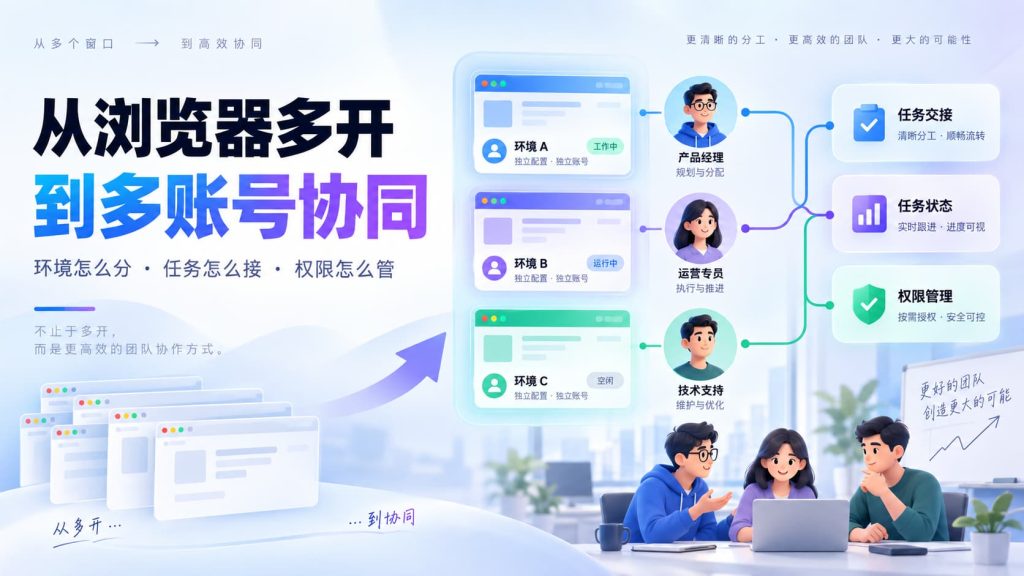 浏览器多开进入多账号协同后，多个独立账号环境与团队成员、任务状态和权限建立对应关系
