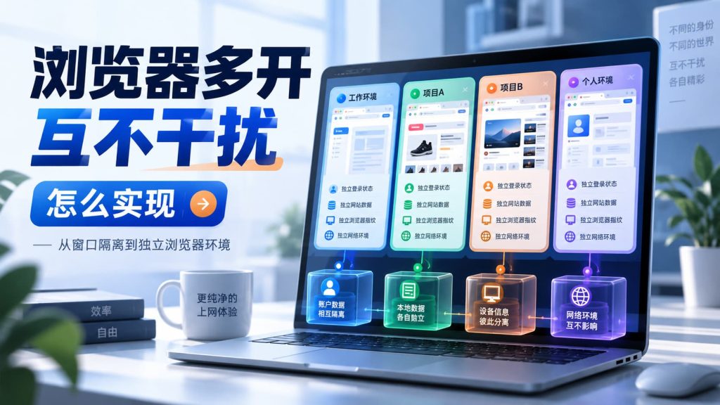 浏览器多开互不干扰的示意图，展示多个浏览器环境分别保存账号数据、浏览器信息和网络配置