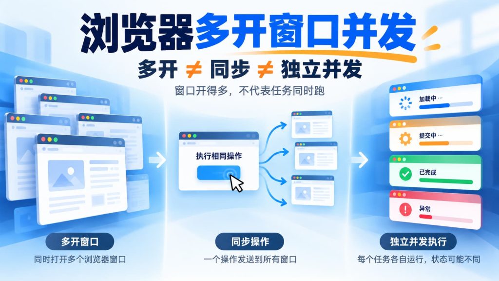 浏览器多开窗口并发示意，不同窗口分别表现多开、同步操作与独立任务并发