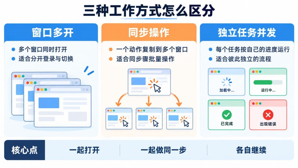窗口多开、同步操作和独立任务并发三种浏览器工作方式的区别示意