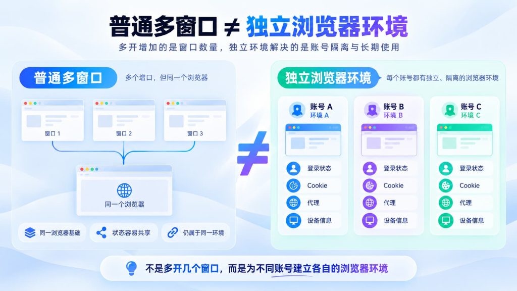 普通浏览器多窗口与独立浏览器环境对比,独立环境分别保存账号登录状态、Cookie、代理和相关设备信息