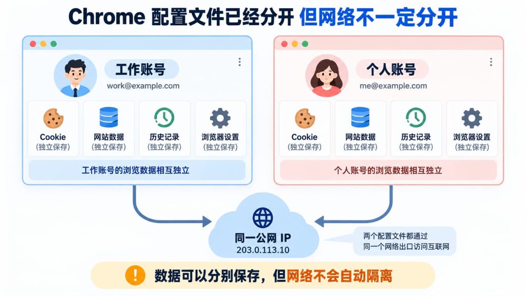 两个 Chrome 浏览器配置文件分别保存账号数据和登录状态,但仍连接同一网络出口,说明数据隔离不等于完整环境隔离