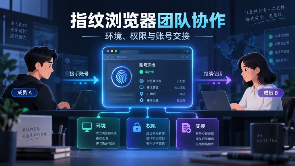 指纹浏览器团队协作场景，展示成员之间交接浏览器环境、权限和账号状态