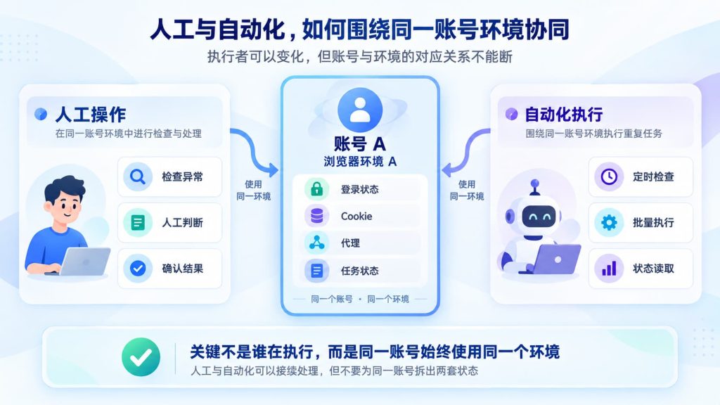 人工和自动化围绕同一个账号浏览器环境协同执行任务,并在需要人工判断时继续处理相同账号状态
