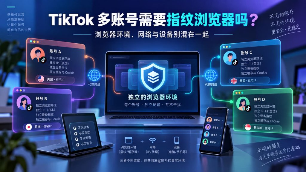 指纹浏览器 TikTok 多账号运营中，不同账号分别使用独立浏览器环境、代理网络和设备