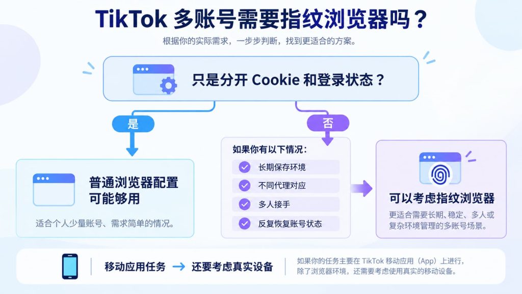 TikTok 多账号根据登录隔离、长期保存环境、代理对应、多人接手和账号状态恢复判断是否需要指纹浏览器