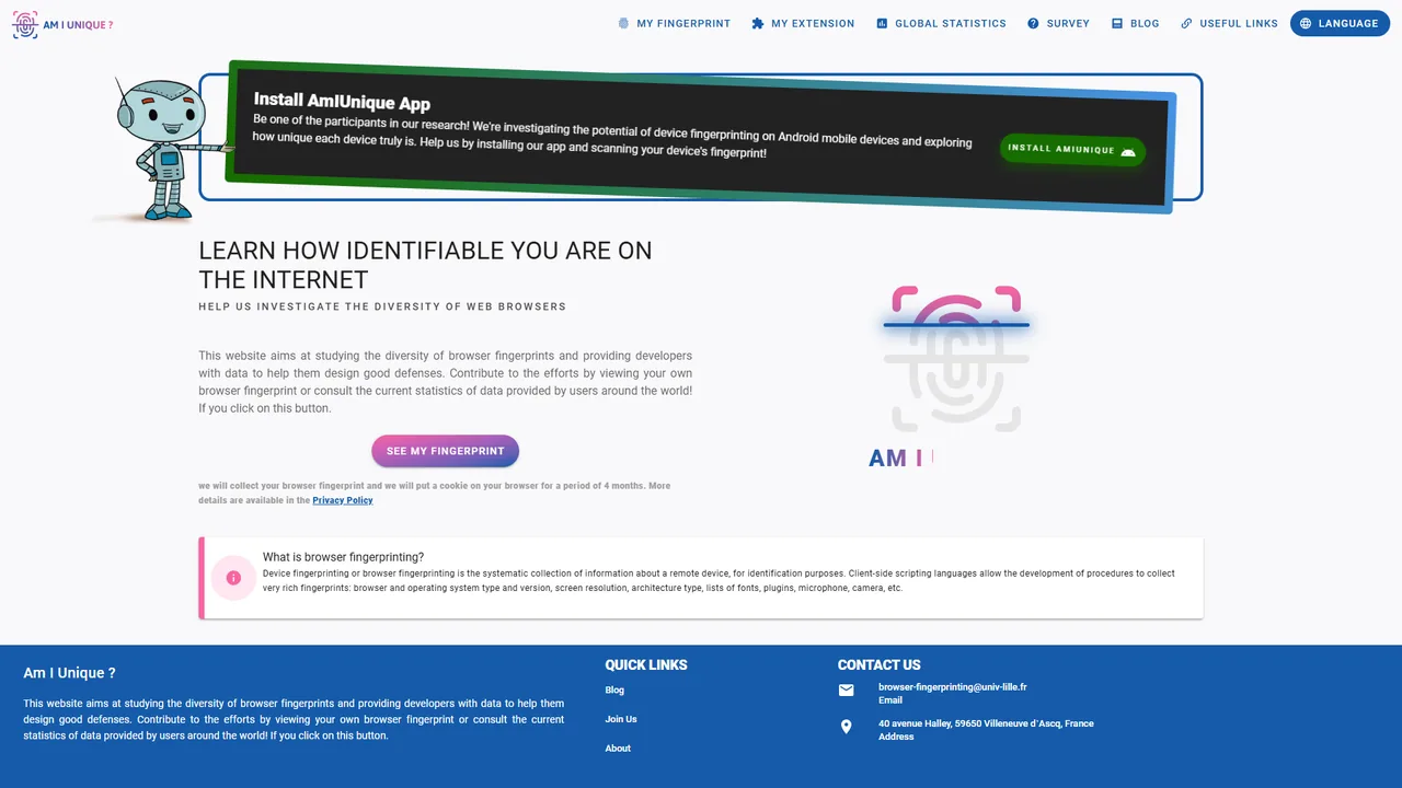 AmIUnique official website screenshot
