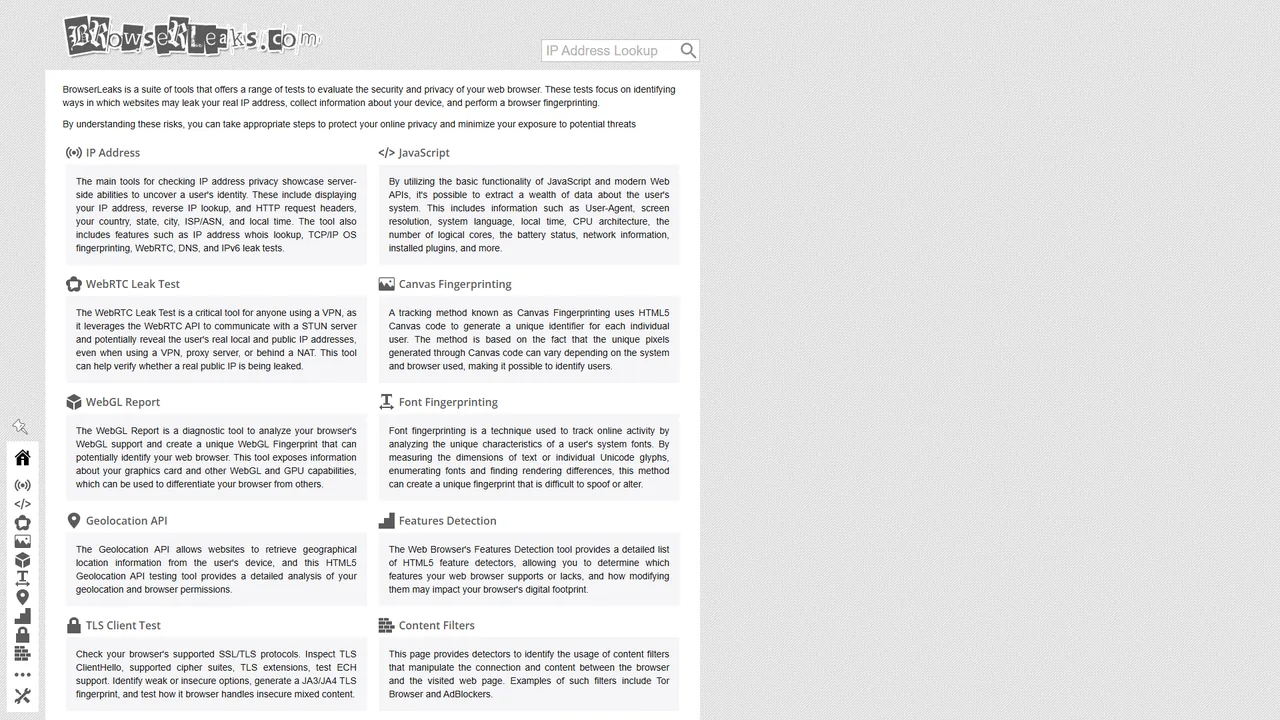 BrowserLeaks official website screenshot