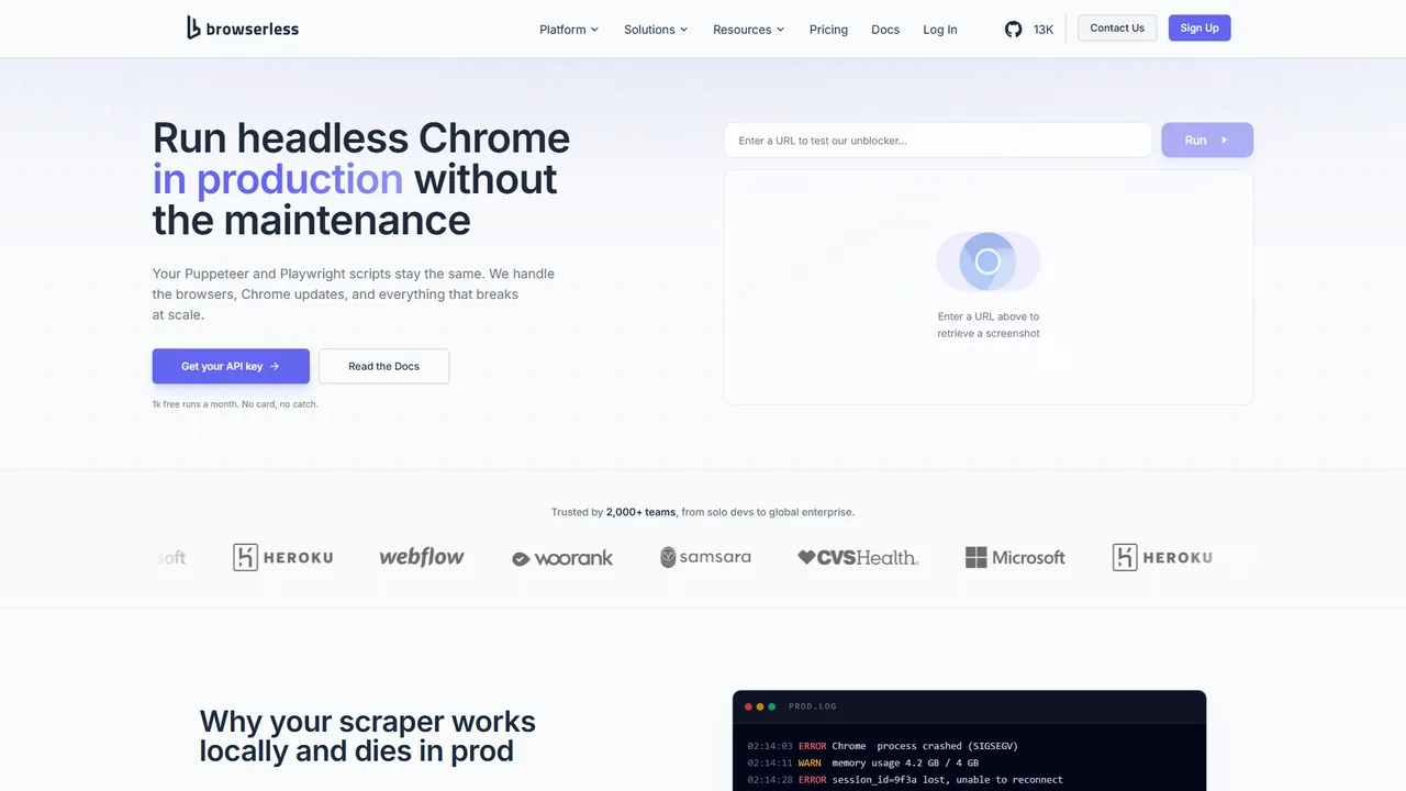 Browserless official website screenshot