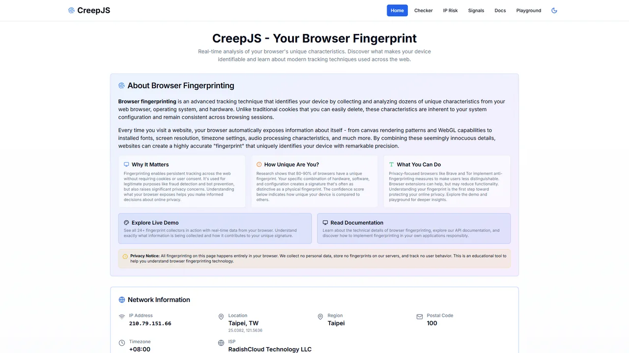 CreepJS official website screenshot