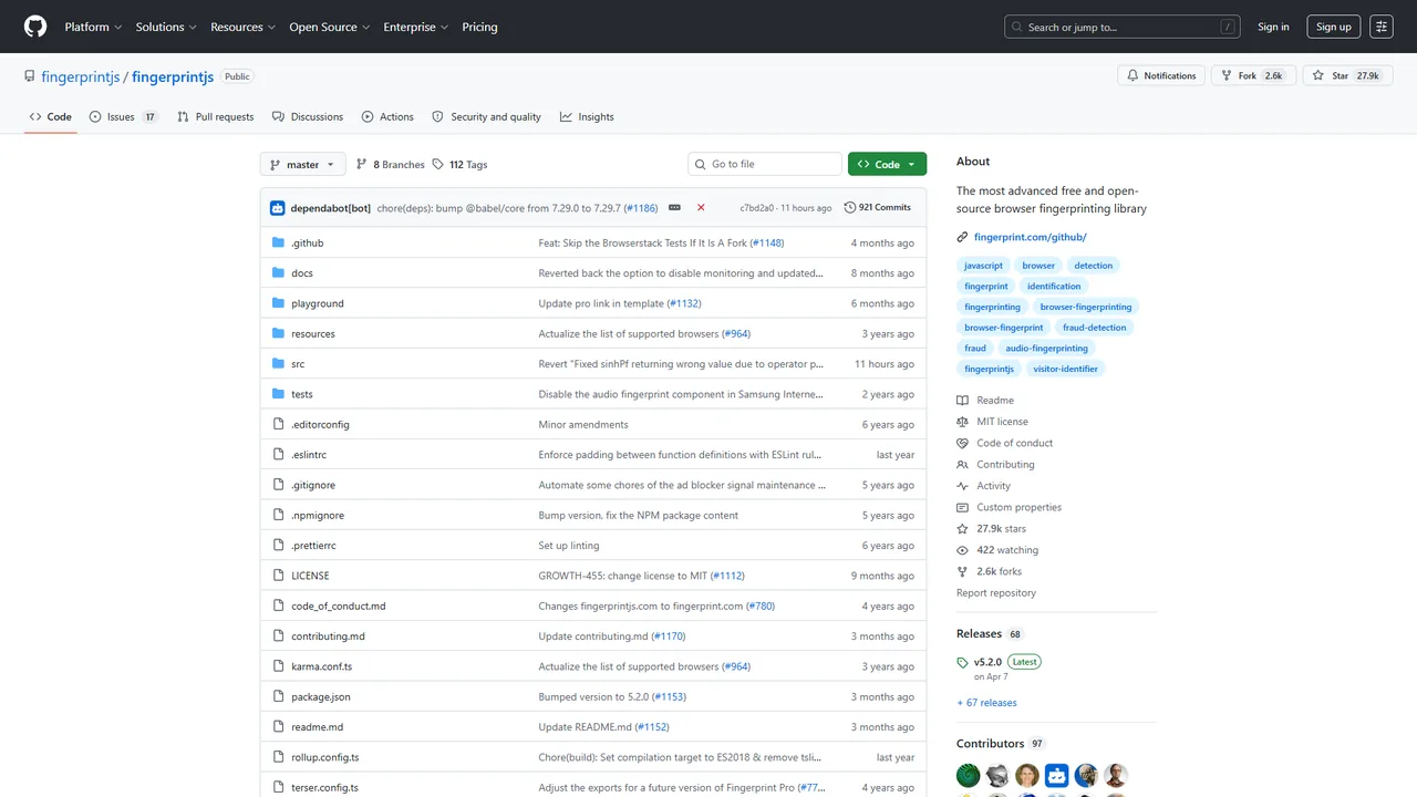 FingerprintJS official website screenshot