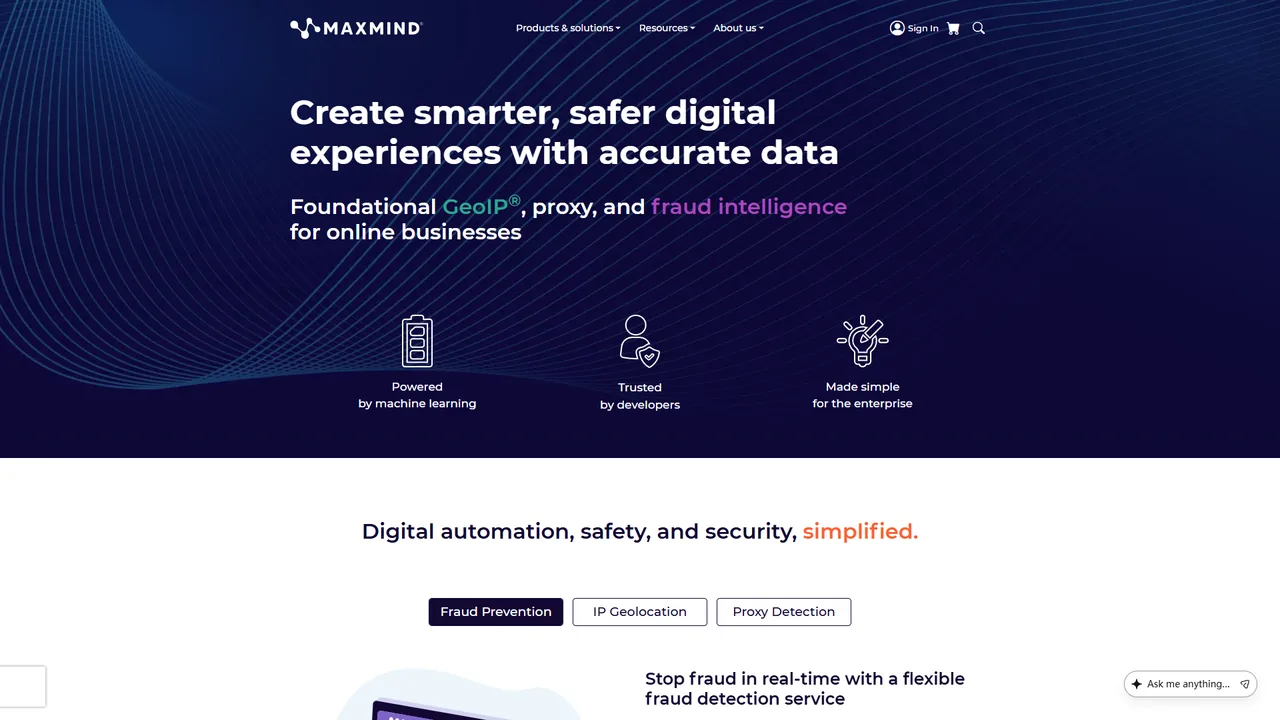 MaxMind GeoIP / minFraud 官网界面截图