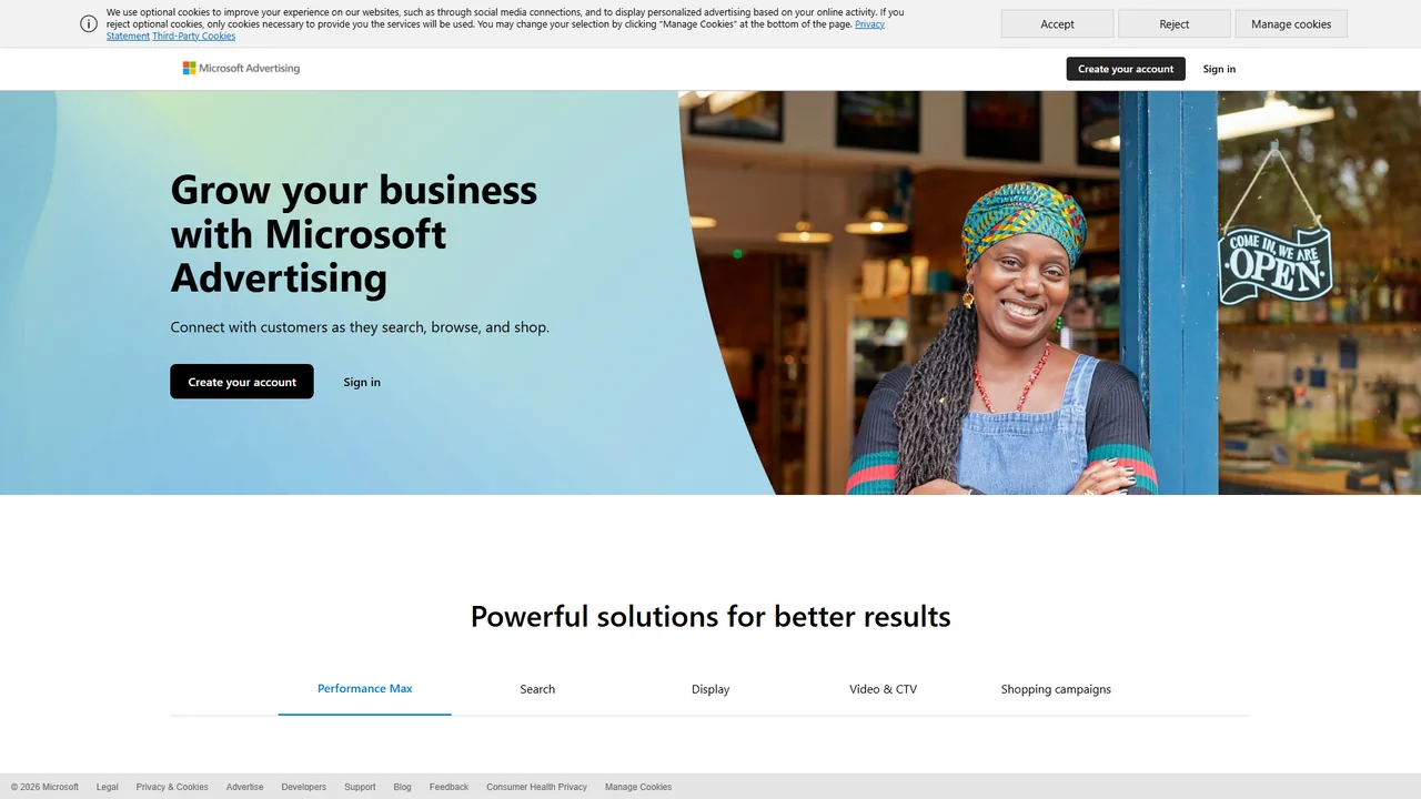 Microsoft Advertising 官网界面截图