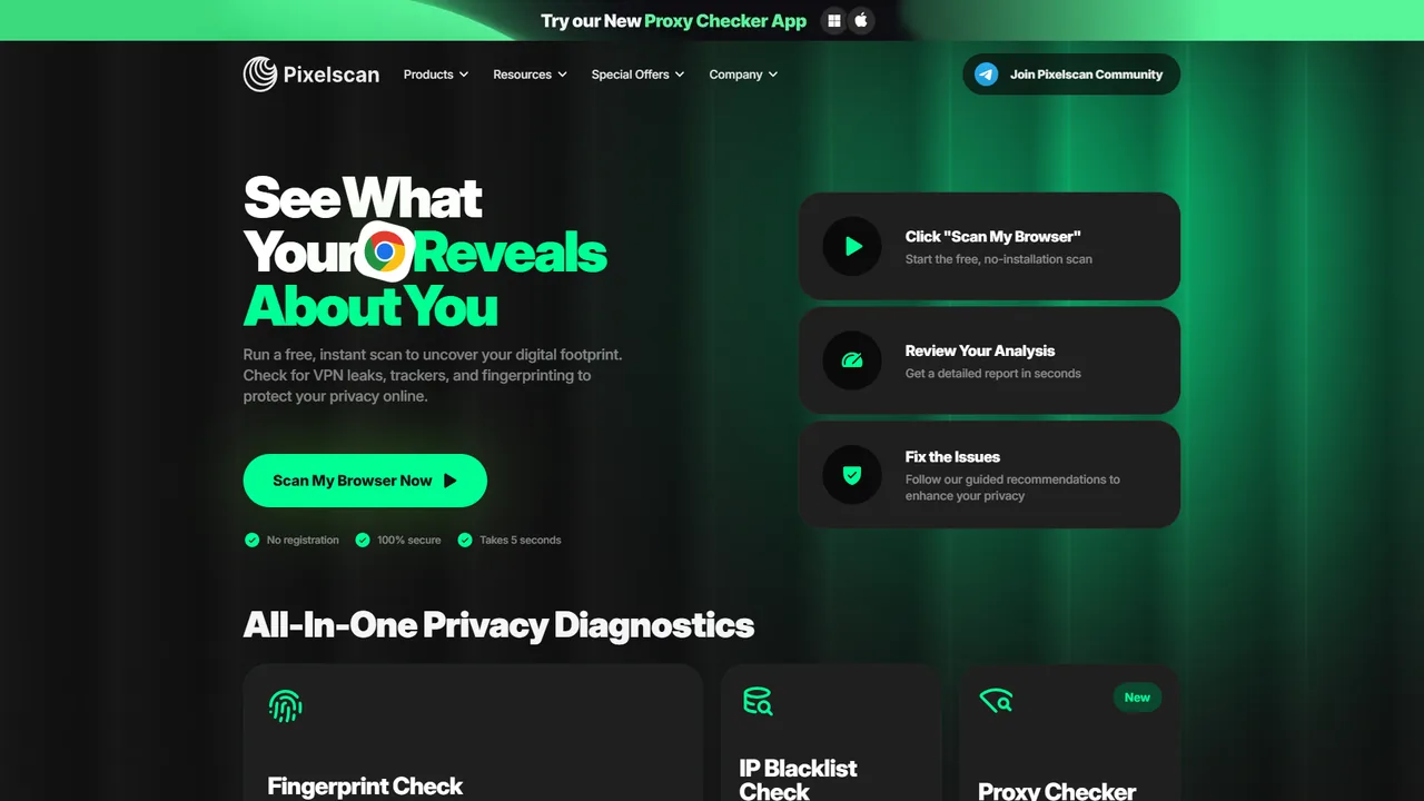 Pixelscan official website screenshot