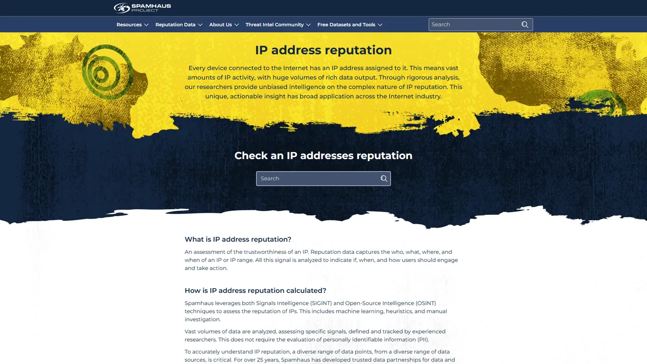 Spamhaus IP Reputation official website screenshot